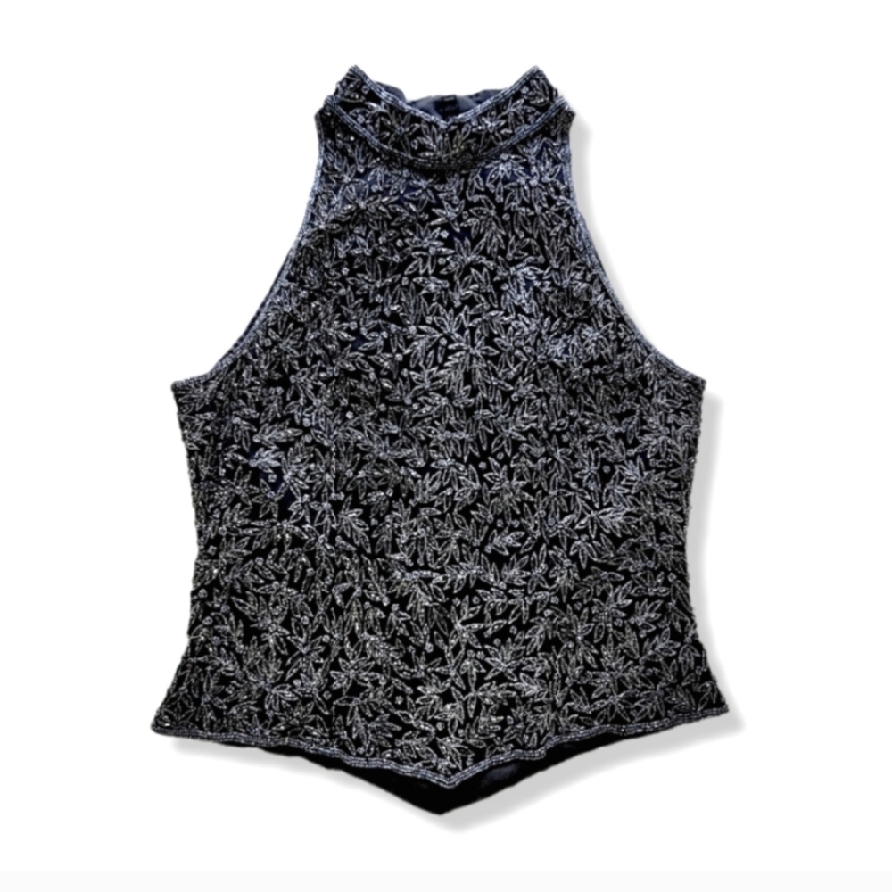 Vintage Papell Boutique Black Silk Floral Beaded Evening Halter Top, L